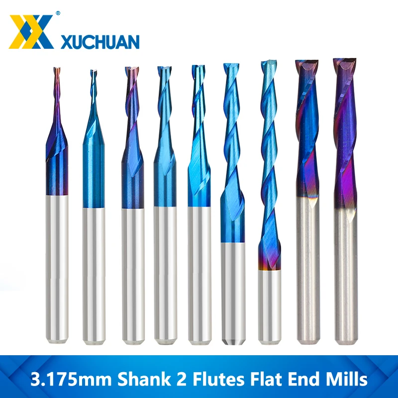 

Flat End Mill Nano Blue Coated 2 Flutes Router Bit CNC Spiral Milling Cutter 10pcs Tungsten Carbide End Mill Thread Milling Bit