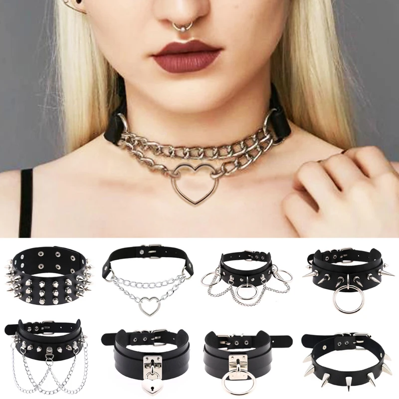 

Punk PU Leather Necklace Lock Key Heart Round Spike Rivet Collar Studded Choker Body Birthday Party Gift Choker Jewelry 2021 New