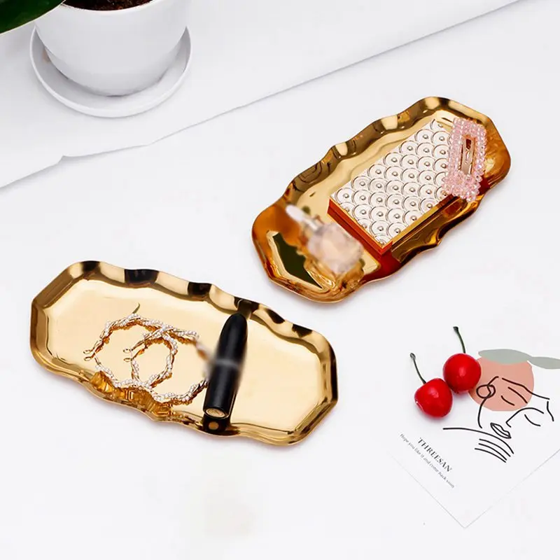 

2021 Stainless Steel Snack Tray Creative Wave Metal Jewelry Trays Bedroom Desktop Cosmetic Storage Container Home Supplies
