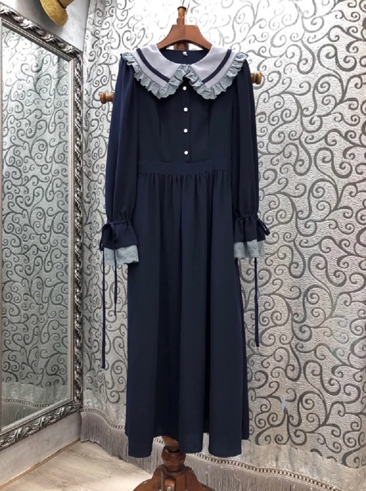 

100%Cotton Dress 2020 Autumn Runway Style Women Slim Fitted Long Sleeve Mid-Calf Length Casual Solid Dress White Brown Black XL