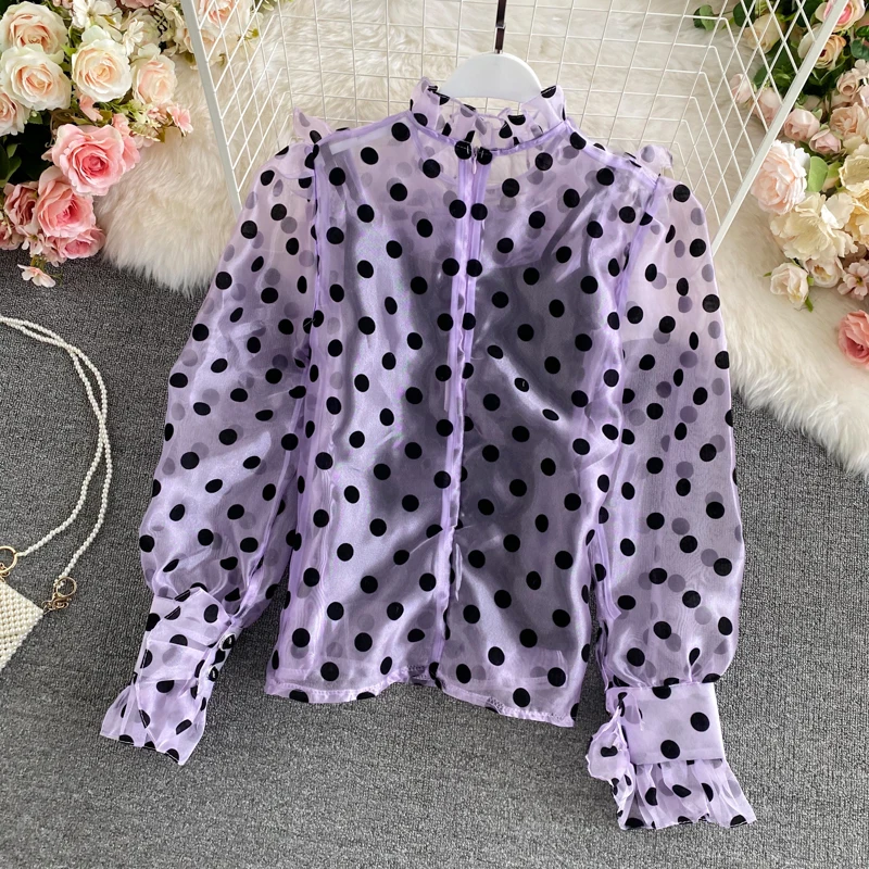 

2021 Spring New Female Dot bow puff sleeve ruffles gauze fairy shirt women's chic slim Mesh blouses women sweet shirts