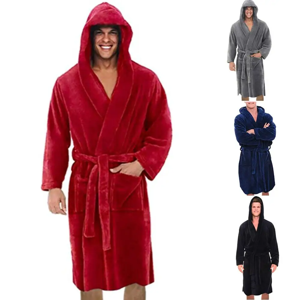 

Mens Robe Solid Color Bandage Bathrobe Long Sleeve Hooded Male Lounge Wear Dressing Gown Men Bathrobe