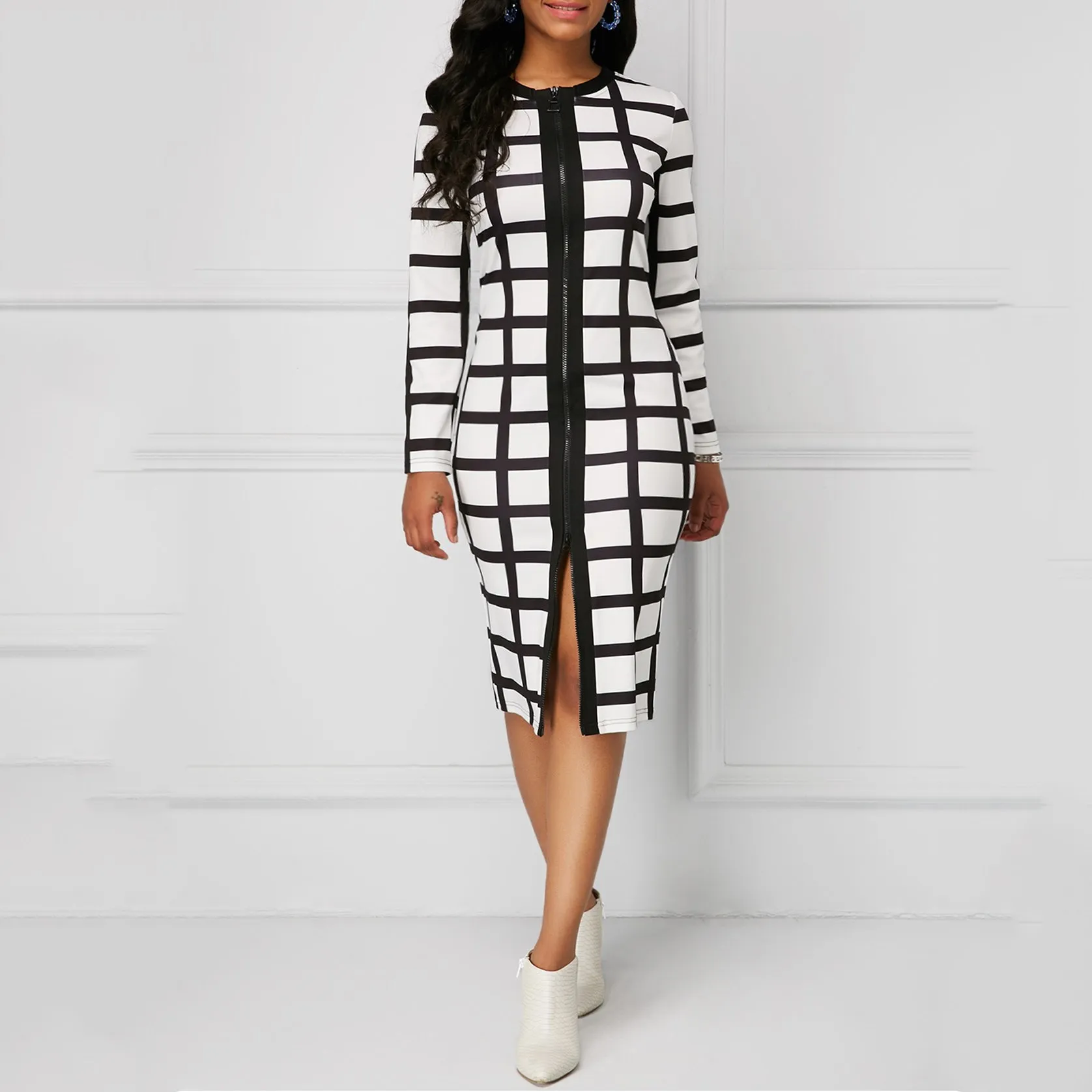 Клетчатое платье-карандаш с круглым вырезом и длинным рукавом платья миди для
