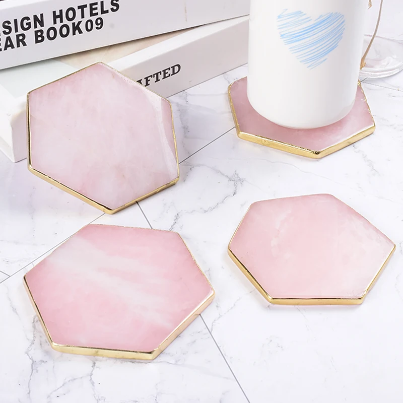 Золотой оправой 9 см розового кварца коврик с шестигранной головкой Форма ломтик