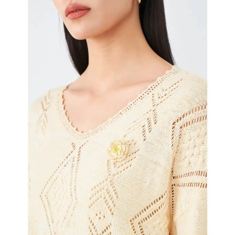 INMAN Women's Knitted Top Spring Autumn Sweet Elegant Three-dimensional Jacquard Beads Diamond Plaid Hollow Long Sleeve Sweater | Женская