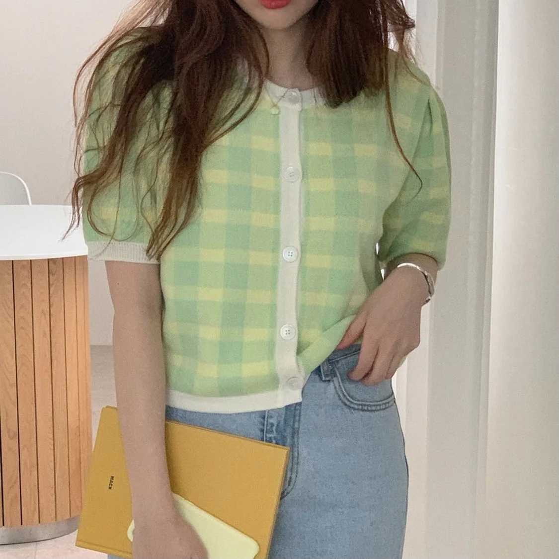 

Plaid Puff Sleeve Short Cardigan Button O Neck Purple Green Summer 2021 Sweater Jacket Korea Casual Elegant Top