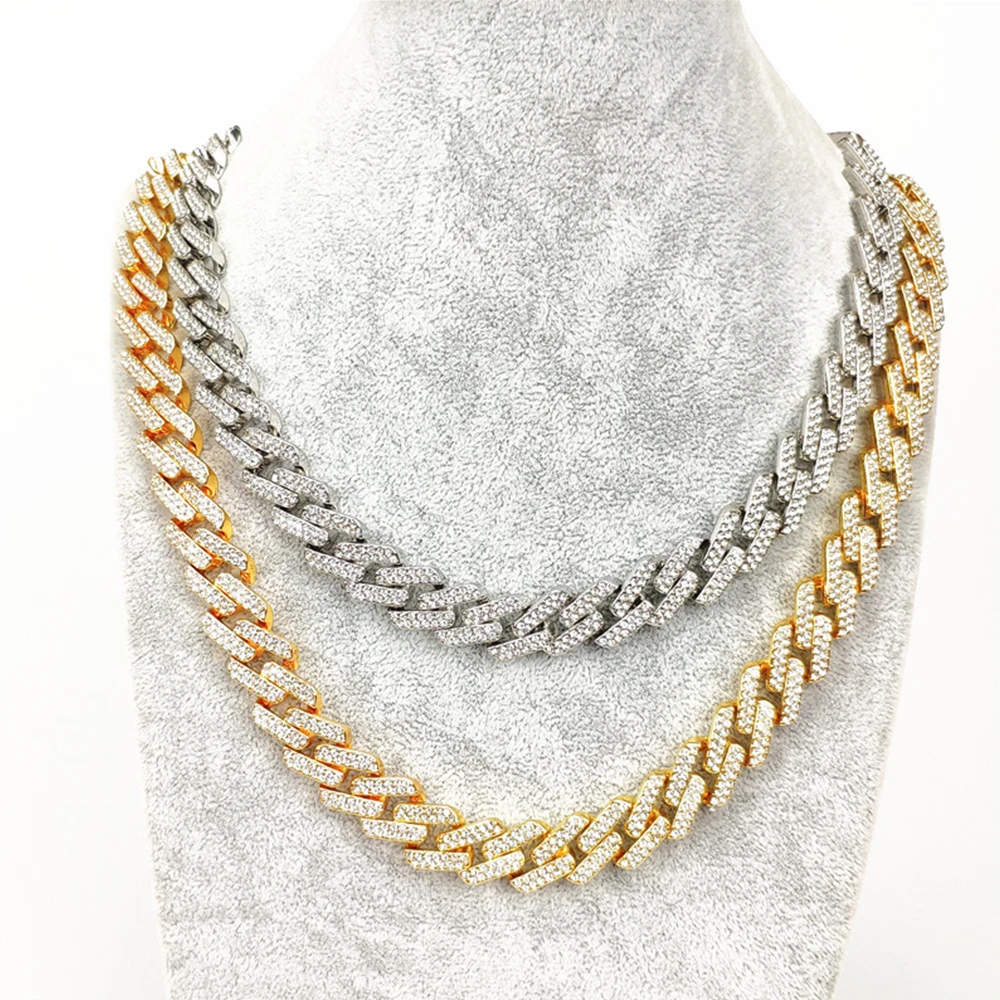 

13mm Miami Cuban Link Geometric Chain Necklace Bracelet Iced Out Zircon Rhinestone Bling Hip Hop for Men Custom Jewelry Necklace