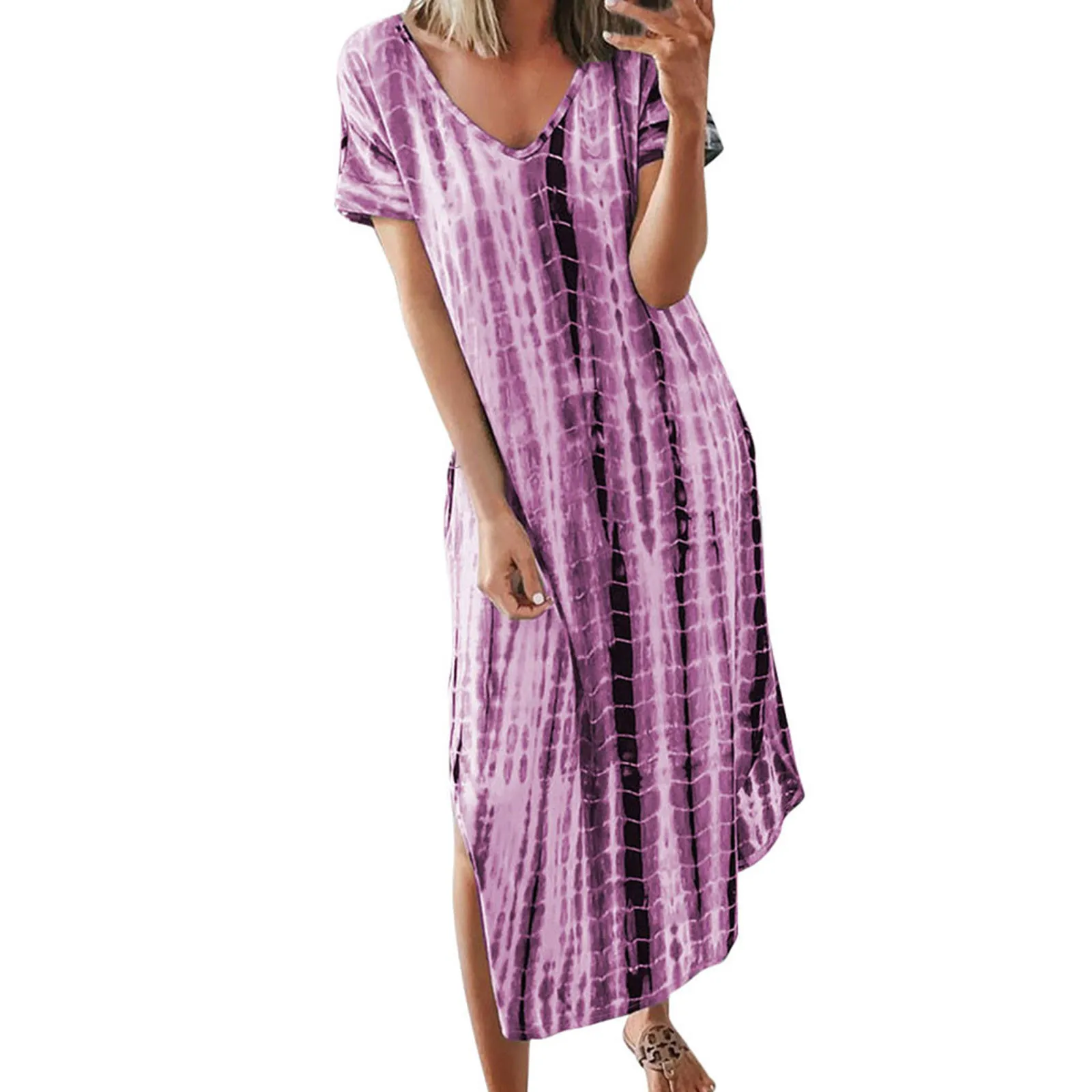 

Tie-Dye Print Bohemia Maxi Dress Fashion Summer Casual Women Daliy V-Neck Short Sleeve Split Loose Boho Long Dress Dropshippping