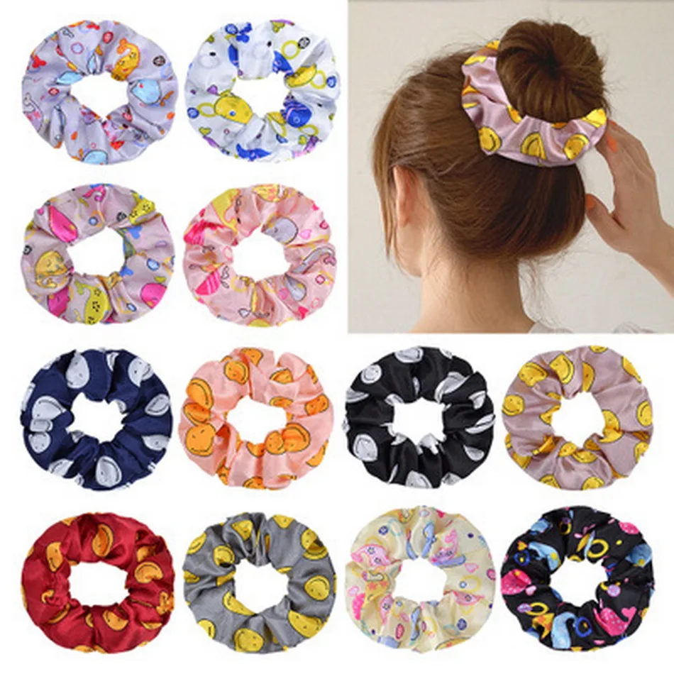 

Women New Print Crunchy Hair Tie Smiley Hair Rubber Bands Girl Elastic Skrunchies Ponytail Holder Headband Chouchou Accessories