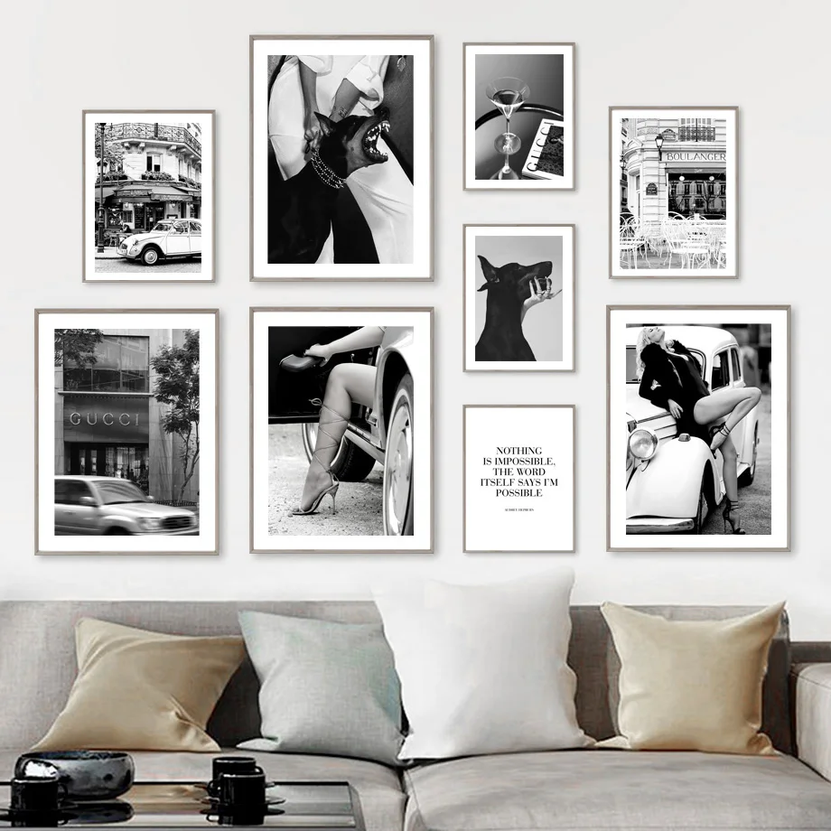 

Fashion Paris Corner Car Sexy Woman Dog Wall Art Print Canvas Painting Nordic Poster Black White Pictures For Living Room Decor
