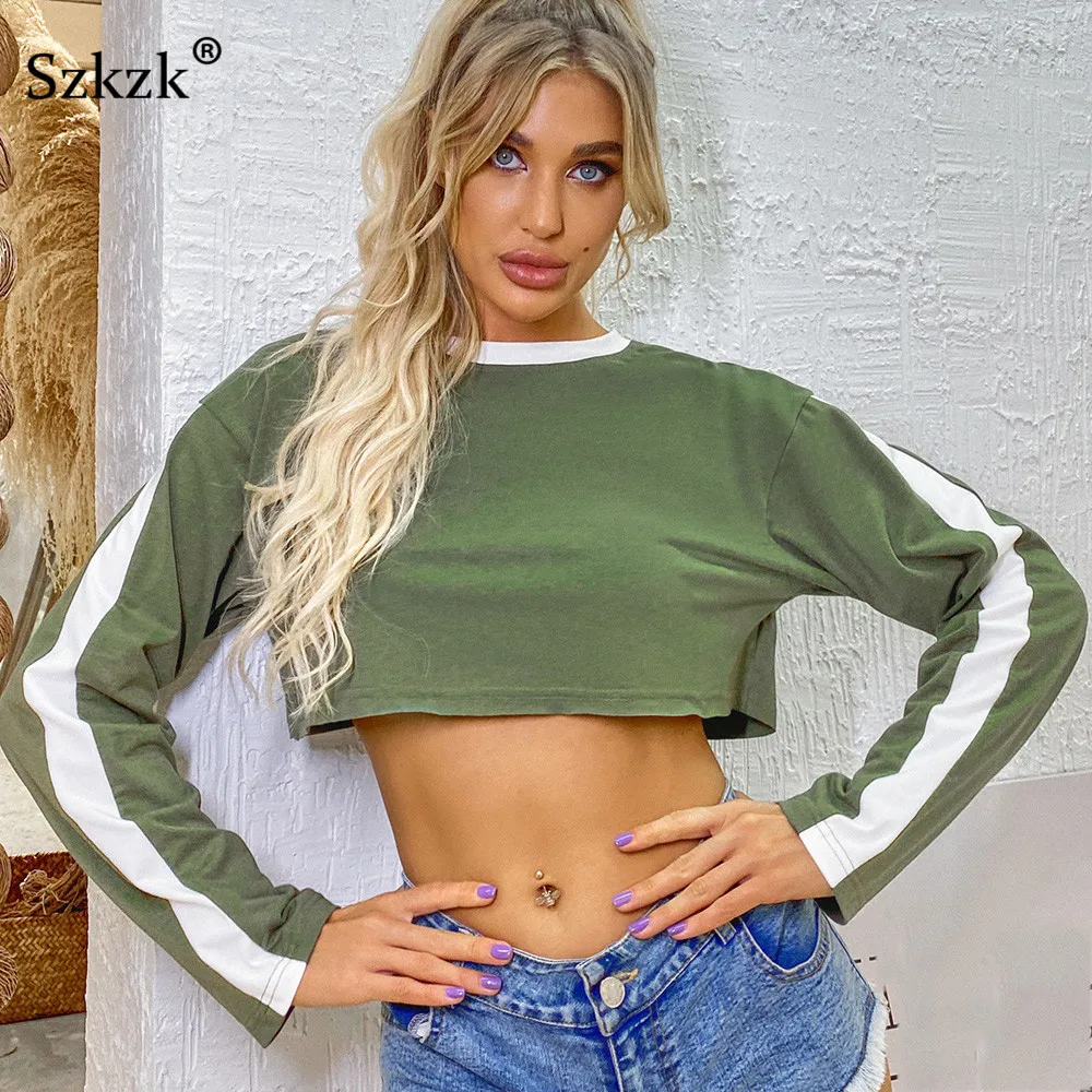 

Szkzk Лоскутные свободные футболки, пикантные Короткие топы, футболка с длинными рукавами, женская уличная одежда 2020, осенний укороченный топ ...