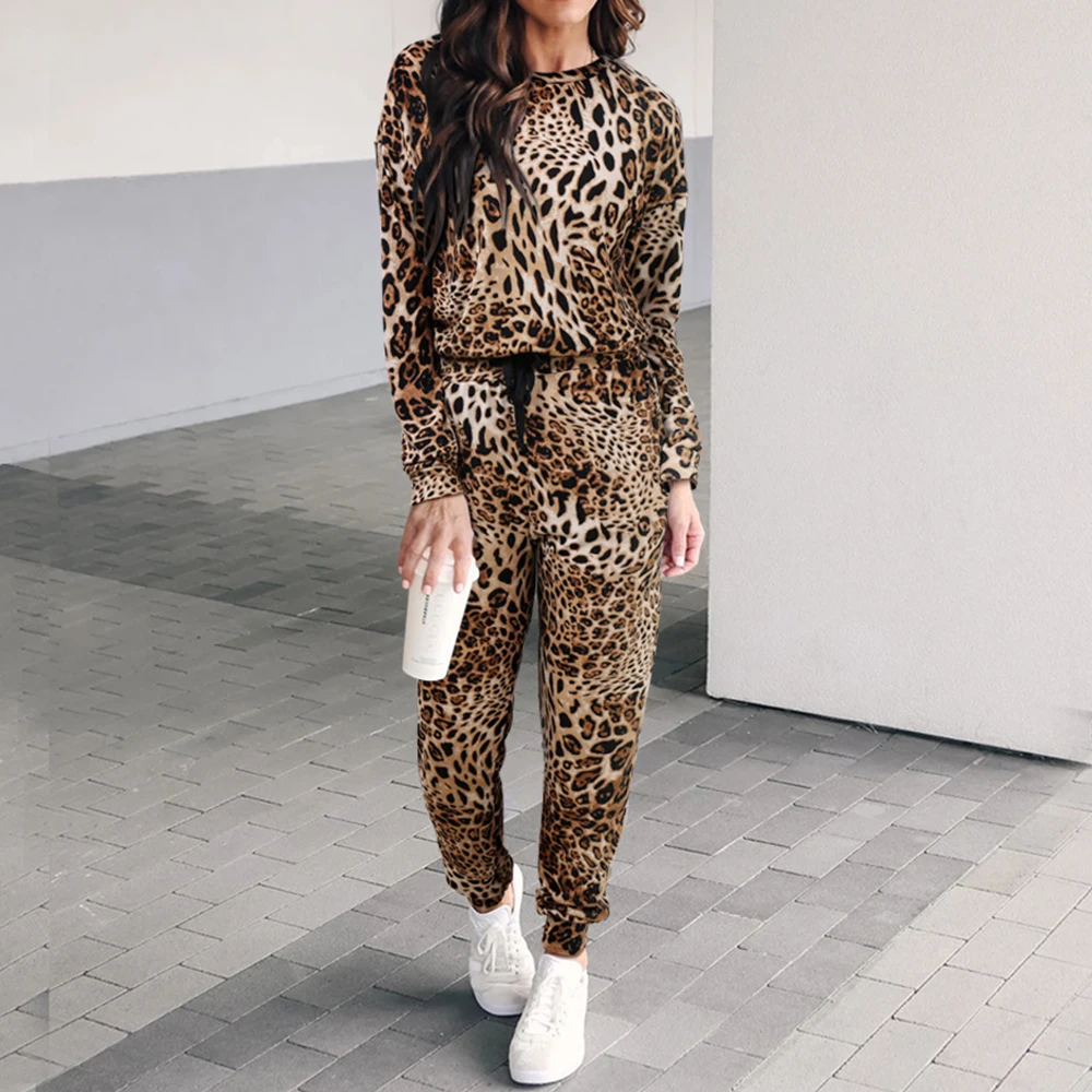 Leopard Женский леопардовый принт, спортивный костюм, пуловер, круглый вырез, топы и повседневные штаны-шаровары с принтом животных, Женская осенне-зимняя одежда для отдыха, D25 - Цвет: Leopard