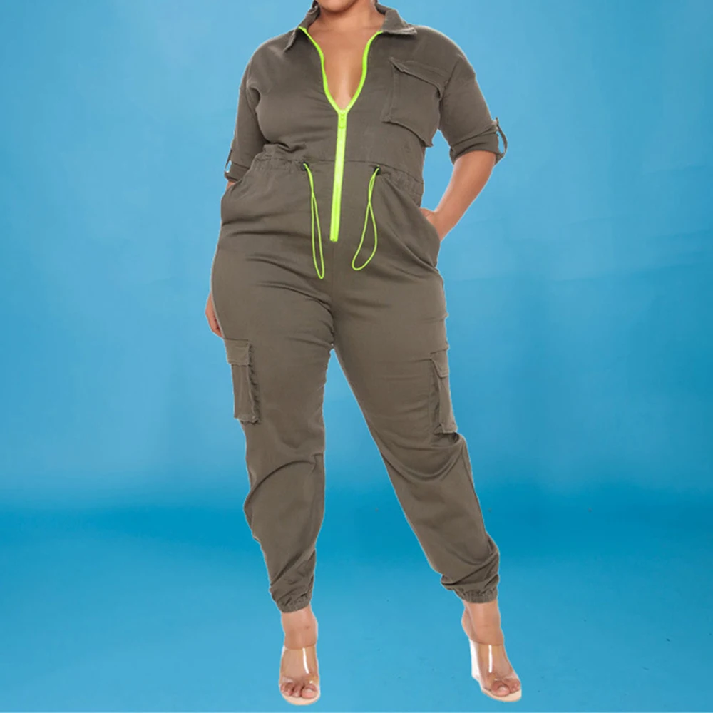 Overalls Jumpsuits Turn Down Collar Drawstring Zipper Pocket Solid Color Street Wear Plus Size Women Jumpsuit 4xl 5xl Wholesale
