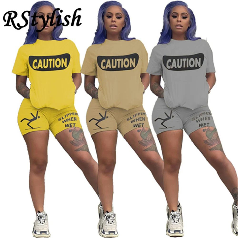 

RStylish 2021 Summer New Women Letter Print Short Sleeve Loose Top Sporty Shorts Matching Set Workout Sporty Two Piece Tracksuit