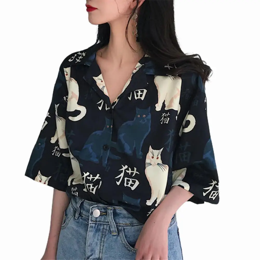 

2021 new Plus Size Turn-down Collar Blouse Shirt Shirt Printed Buttons Women Loose Short Sleeve Blouse for Dating