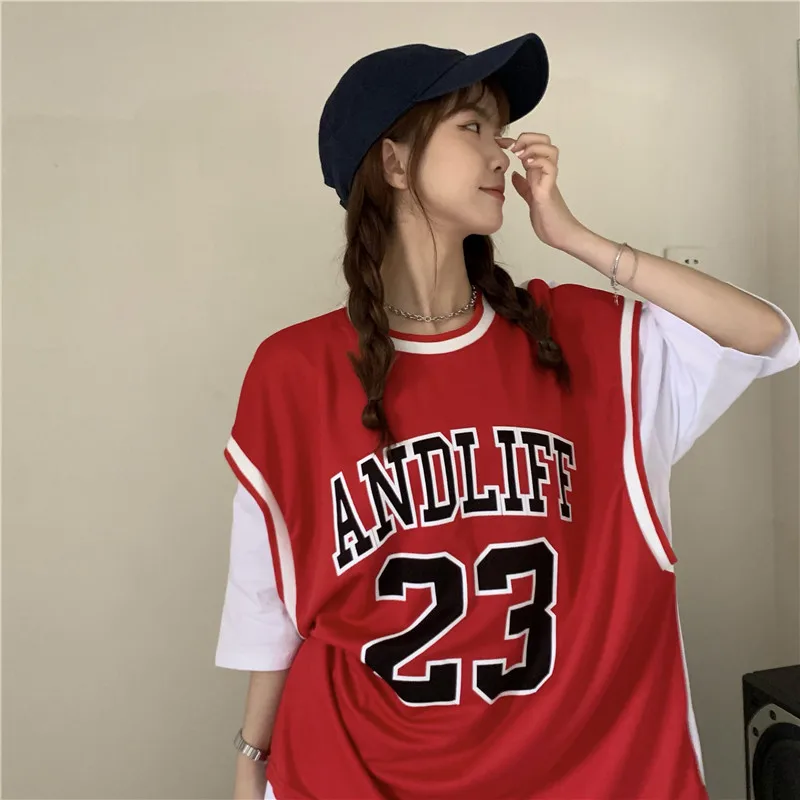 Женская футболка с коротким рукавом и имитацией баскетбола свободная Корейская