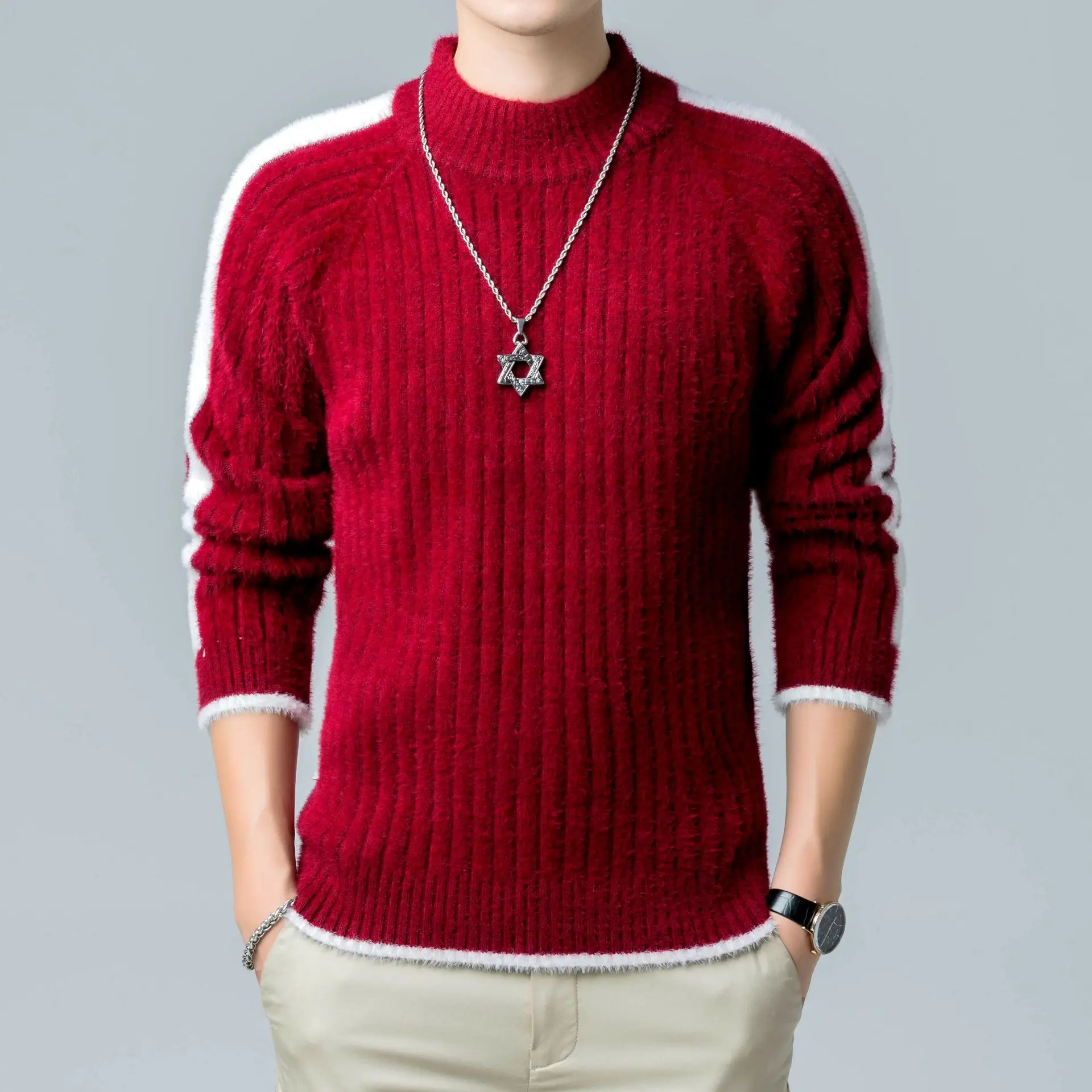 

Autumn Winter Men's Wool Sweater O-neck Patchwork Color O-neck Stretchy Thick Warm Casual Fashion Male Pullover