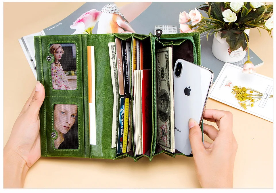 Women's Wallets Genuine Leather Casual Long Clutch Purse Money Bag Multi-function Card Cross Pattern Detachable Billetera Mujer