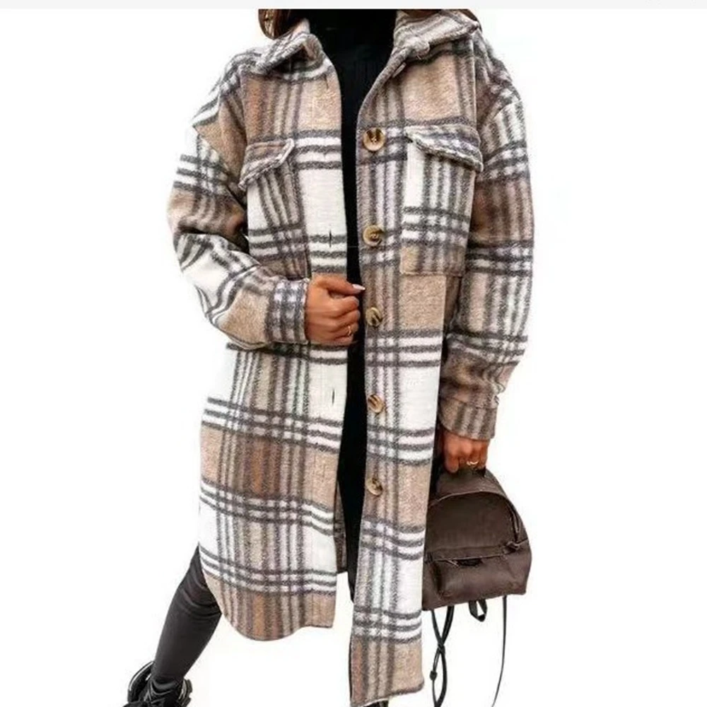 

BACKSTROM Women European American Fall/Winter Lapel Woolen Coats Long Button Casual Plaid Jackets Khaki Single-Breasted Outwear