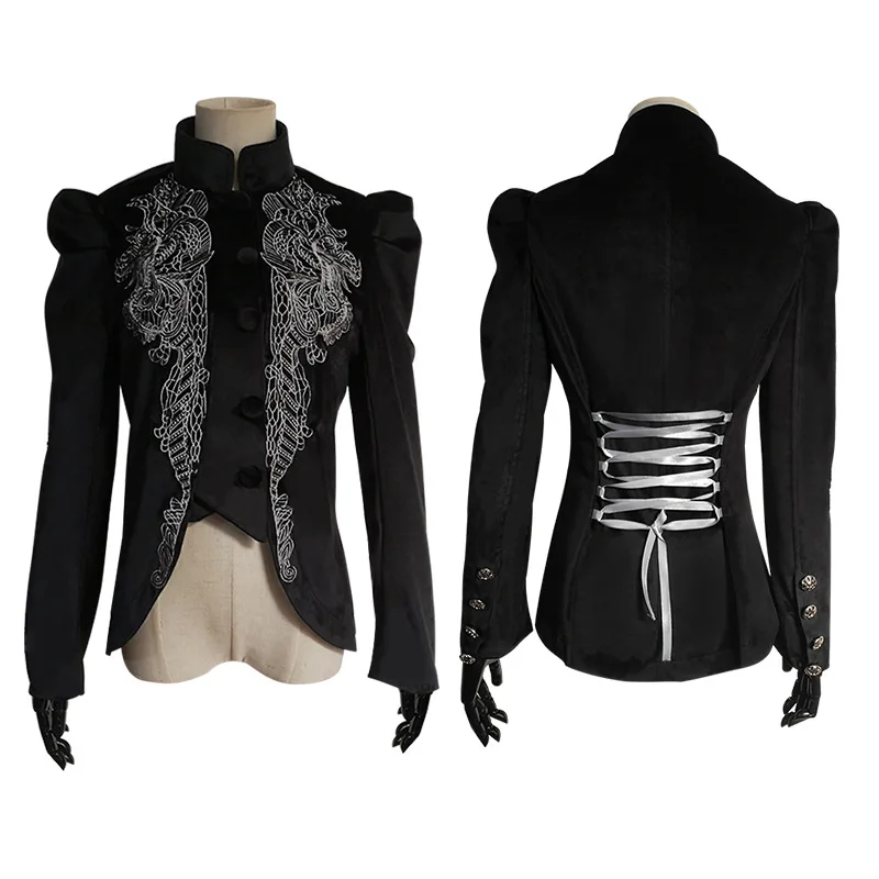 Jaqueta feminina gótica estilo vitoriano, casaco mulheres preto veludo renda steampunk sobretudo vintage medieval 4xl