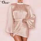 Женское атласное мини-платье Celmia осень 2022, элегантные платья с длинным рукавом-фонариком, пикантные праздничные короткие платья с запахом и воротником-стойкой, Халат