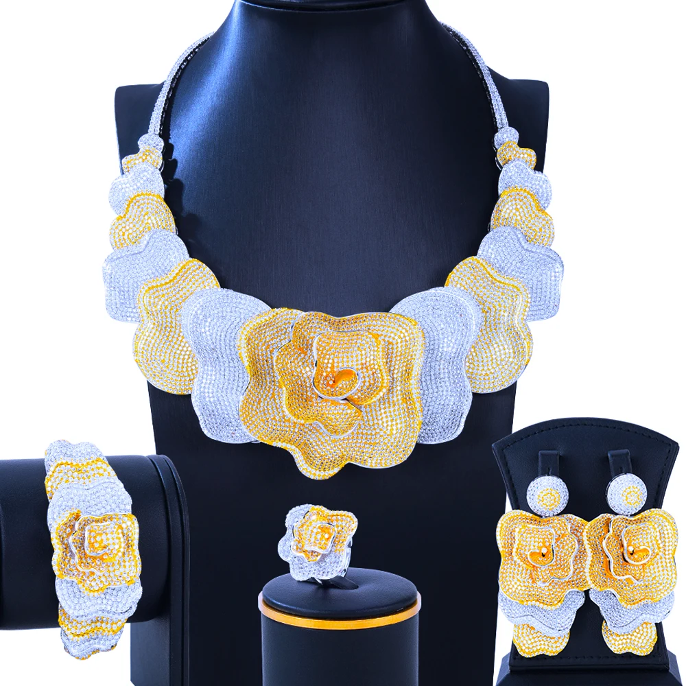 

missvikki Gorgeous Luxury 4PCS Necklace Bangle Earrings Ring Jewelry Set for Women Romantic Bridal Wedding Party Jewelry 2021