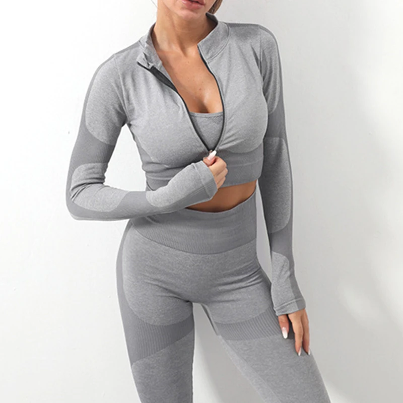 

3PCS Seamless Sport Set Women Crop Top Bra Legging Long Sleeve Workout Outfit Fitness Wear Gym Suit Female Yoga Sets Clothes
