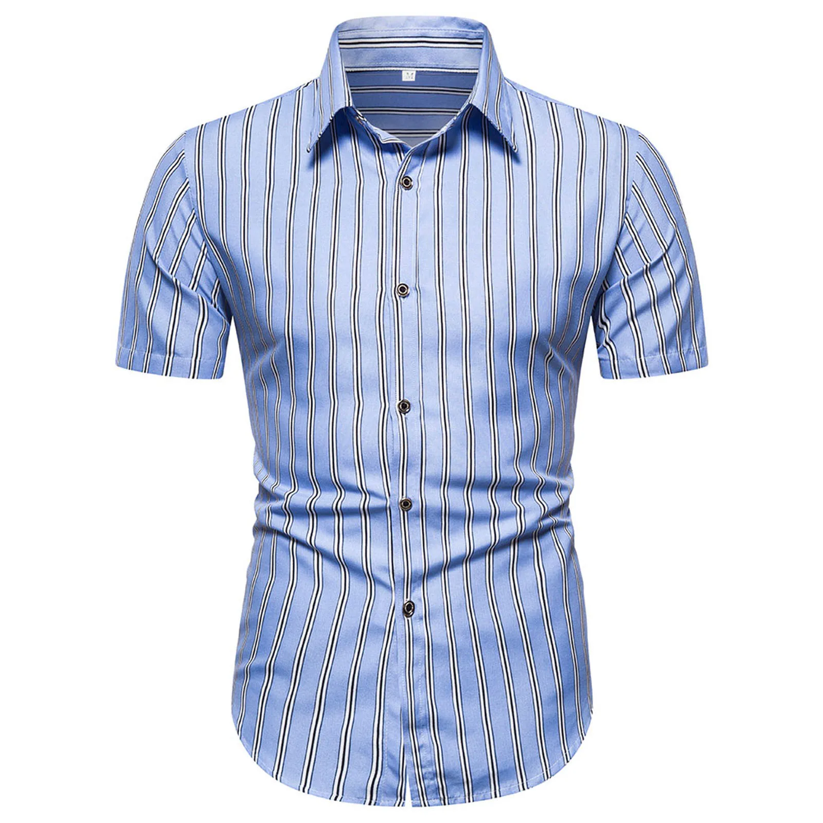 

Blue Dress Shirt Mens Slim Fit Summer Casual Striped Printed Short Sleeve Shirts Daily Wearing Wild 2021 New Men's Clothes
