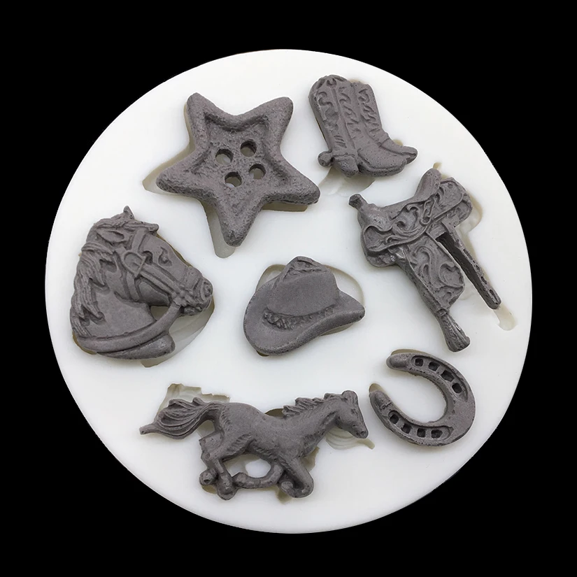 

Wholesale 10 pcs/lot Horse Cowboy Saddle Silicone Mold Sugarcraft Fondant Cake Decorating Tools Cupcake Chocolate Baking Mold