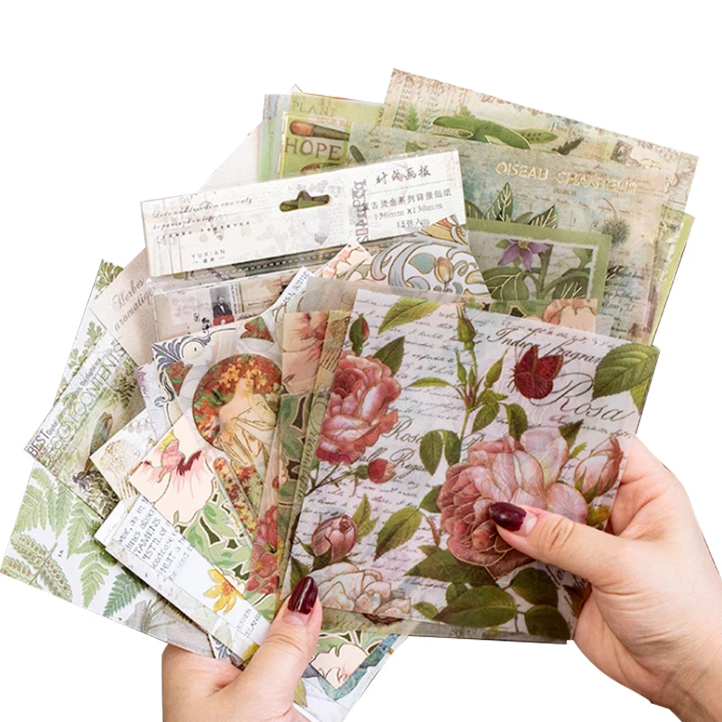 

15PCS Decorative Rice Paper Retro Scrapbook Collage Material Classical Bronzing Sulfuric Paper Stickers 90S Packaging Paper
