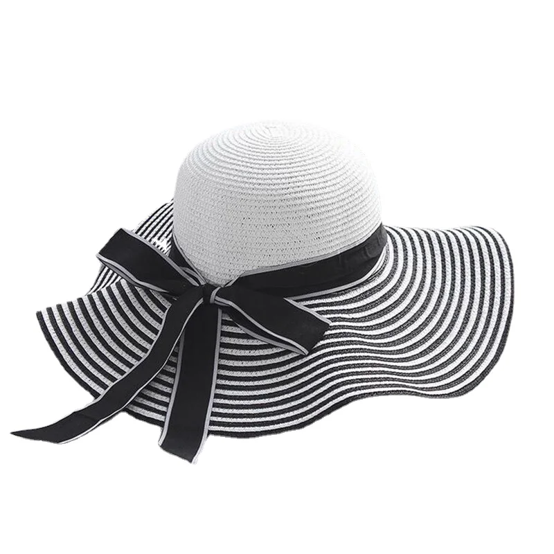 

2021 Hot Sale Fashion Hepburn Hat Wind Black White Striped Bowknot Summer Sun Hat Beautiful Women Straw Beach Hat Wide-brim Cap