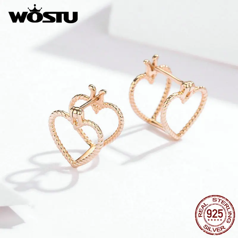 WOSTU, 925 пробы, серебряные, трехмерные серьги-гвоздики в форме сердца, циркон, розовое золото, свадебные серьги для женщин, 925, ювелирное изделие, CQE696