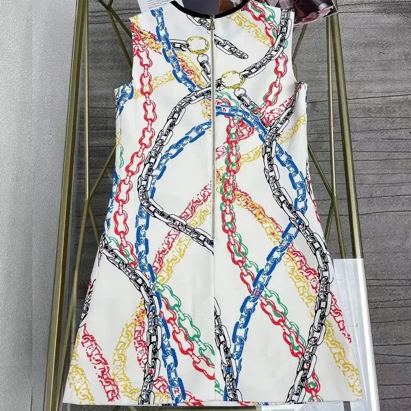 

2021 Summer Woman's Dress Cute Small Mini Dress Zipper Printed Sleeveless Young Sexy Dress