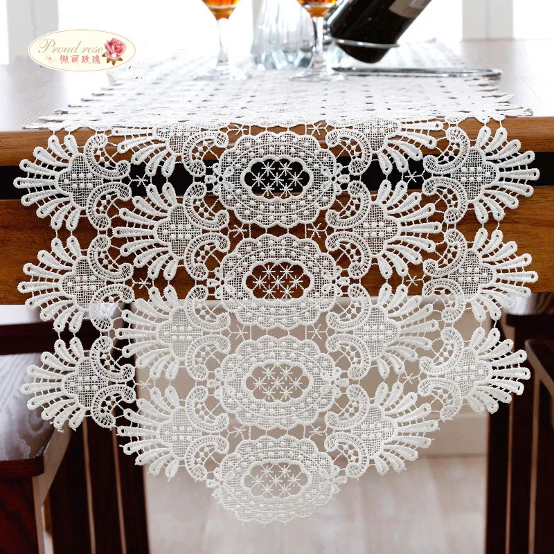 

Proud Rose White Lace Table Runner Table Cloth Fashion Hollow Out Lace Placemat Table Flag Wedding Decoration