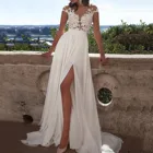 Элегантное свадебное длинное платье женское летнее однотонное Кружевное Платье макси с открытой вилкой темпераментное платье с V-образным вырезом Свадебное платье пляжное платье
