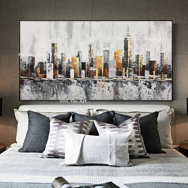 

New Hand painted City Building Scenery Pictures Room Decoration Abstract Oil Painting On Canvas Wall Art For Living Room Cuadros