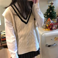preppy style knitted pullover sweater women vest casual basic v neck sleeveless sweater vest spring autumn black apricot sweater