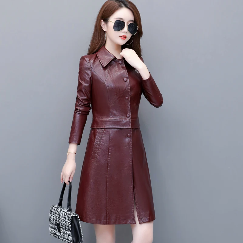 Size Plus Coat Female Women's Black Jacket Faux Leather Spring Autumn Long Casacos Feminino 902 Pph502