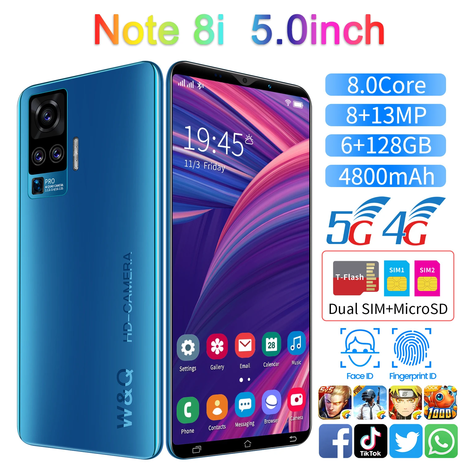 

Note 8i 5.0 Inch 6GB RAM 128GB ROM Global Version 8+13MP Andriod 10 Smartphones 8 Core MTK6889 Dual SIM 4G LTE 5G Cell Phone