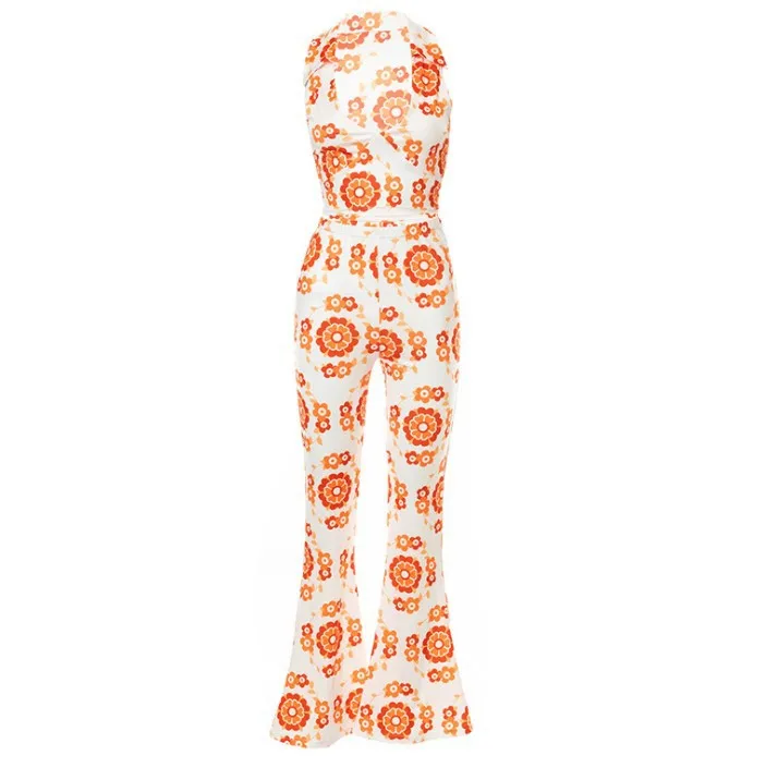 

2021 Summer New Lapel T-shirt + Flared Pants Print Sexy Suit