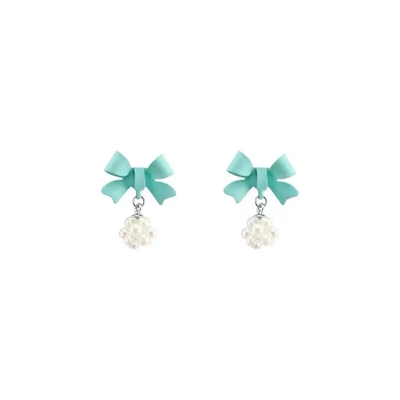 

CH-1566 Sweet blue bow earrings ins niche wild retro pearl small earrings girl earrings tide ear clip