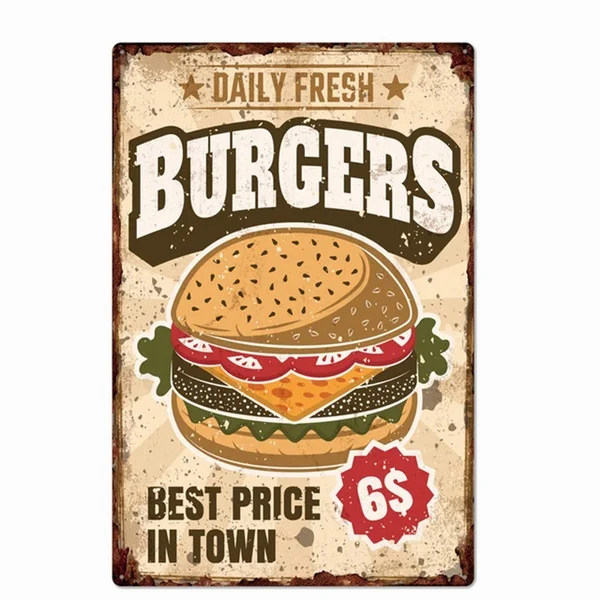 

Vintage Daily Fresh Burgers Best Frice in Town Metal Tin Sign 8x12 Inch Retro Home Kitchen Bar Pub Wall Decor