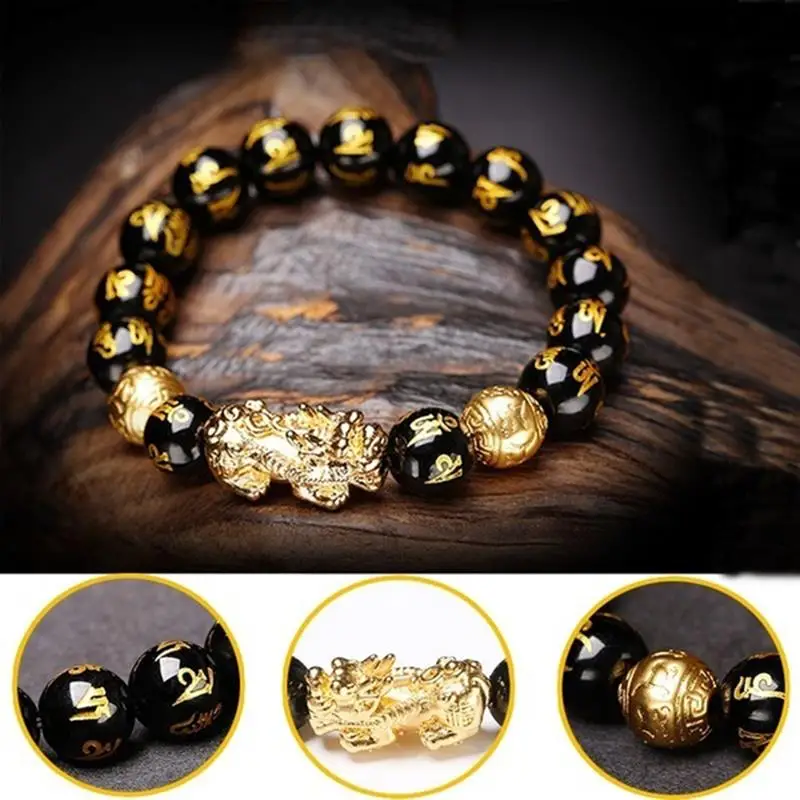 

Black Obsidian Wealth Bracelet Adjustable Releases Negative Energies Bracelet with Golden Pi Xiu Lucky Wealthy Amulet Bracelet