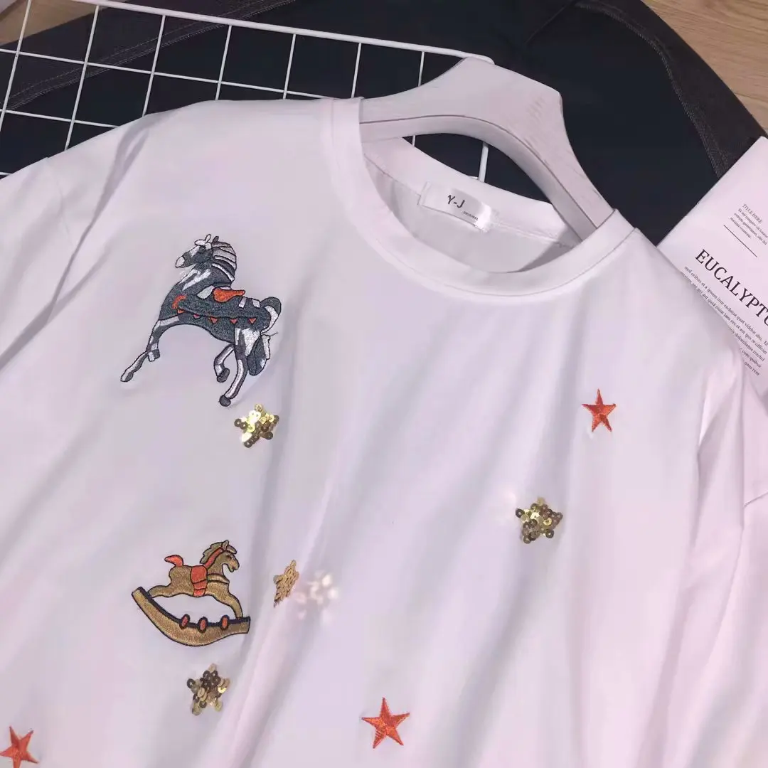 

2021 Summer New Embroidered Pony Sequined Star Ladies Top Cotton Short-Sleeved Base Shirt Korean Style Elegant Women T-shirt