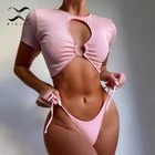 2021 сексуальный ребристый Топ, бикини, набор, полый Купальник для женщин, розовый купальник с завязками, с высоким вырезом, купальник с коротким рукавом, купальный костюм, Новинка