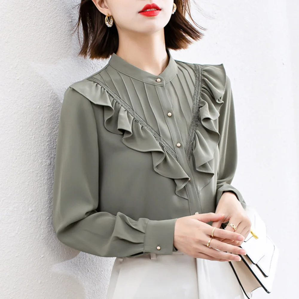 

Женская шифоновая блузка с воротником-стойкой, с длинным рукавом