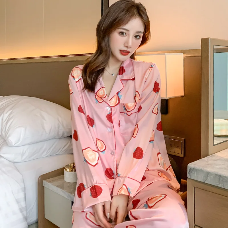 

Cute Bathrobe Satin Pajamas Suit Nightwear 2PCS Shirt&Pants Pink Lady Print Sleepwear Casual Homewear Soft Sleep Set Intimate