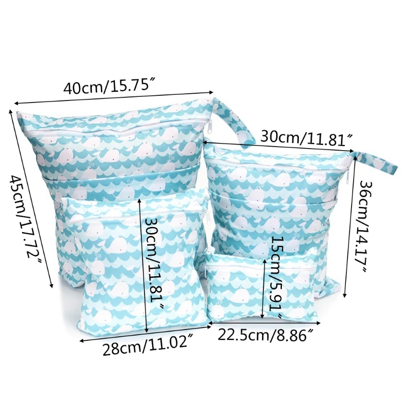 

85DE 4 Pcs/Set Fashion Print Baby Diaper Storage Bags Reusable Washable Waterproof Wet Dry Cloth Organizer Wetbags with Zipper