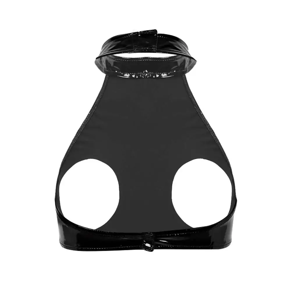 Женский модный короткий топ из искусственной кожи Черное Кожаное бикини без