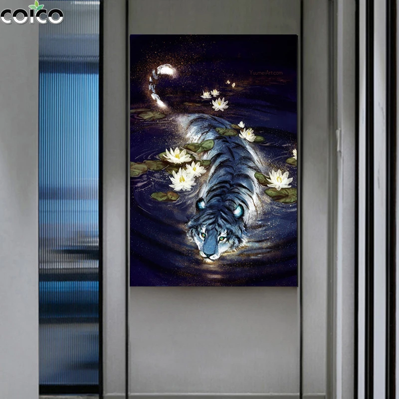 

Deer Bear Flower Tiger canvas Poster with Frame Gold Starry Sky Wall Abstract Art Painting HD Animal Print Picture Home Decor